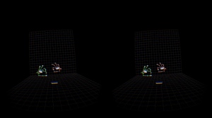 Shows hand skeletons in 3D as tracked by Leap Motion and displayed by Oculus Rift DK2